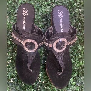 Raviani Black Croc Embossed Leather Wedge Sandals Swarovski Rhinestones sz 6